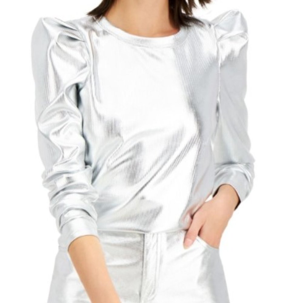 INC International Concepts - Woman's Metallic Silver Long Sleeve Blouse